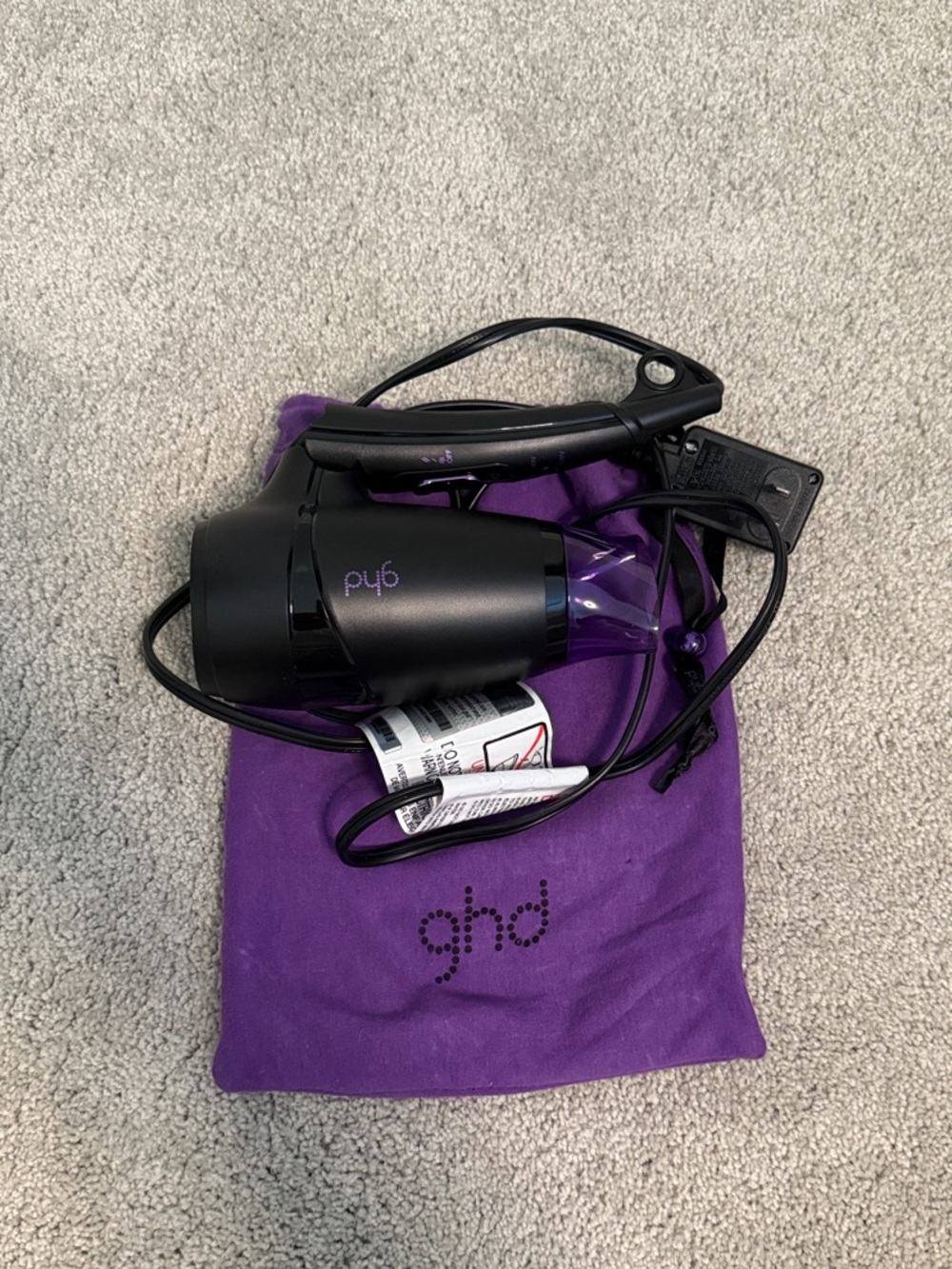 ghd Black Travel Hair Dryer with Purple Drawstring Pouch